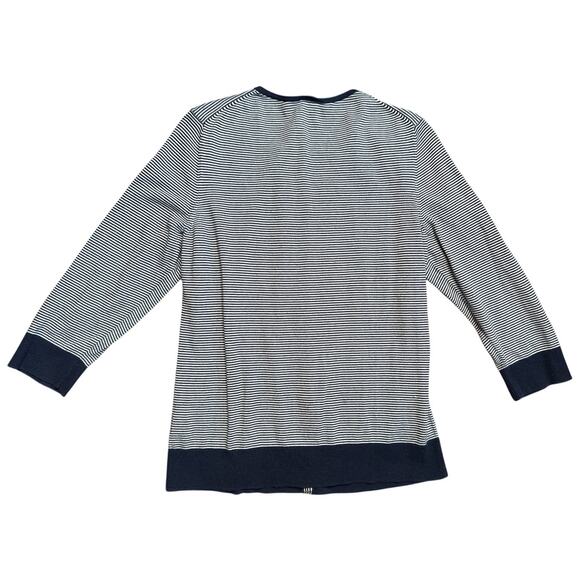 Talbots Navy White Stripe Cotton Blend Cardigan Sweater W. Ruffle Button Size M - Picture 2 of 4